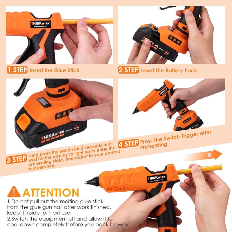 THINKWORK 20V Cordless Glue Gun - Digital Temp Adjustable Drip-Free Fast Heating Full Size Heavy Duty Hot Glue Gun with 32 Glue Sticks for Crafts DIY, Repair, Gift - Image 5